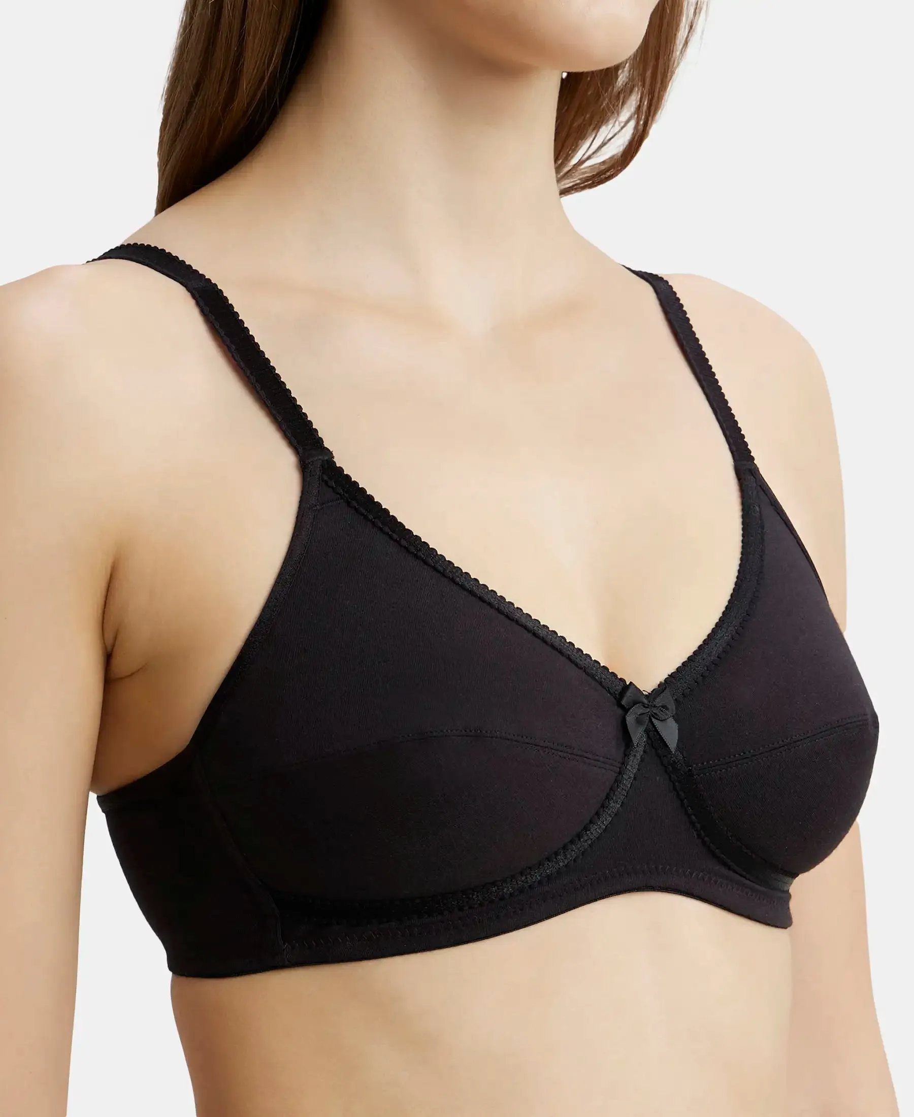 Wirefree Non Padded Super Combed Cotton Elastane Stretch Medium Coverage Cross Over Everyday Bra - Black
