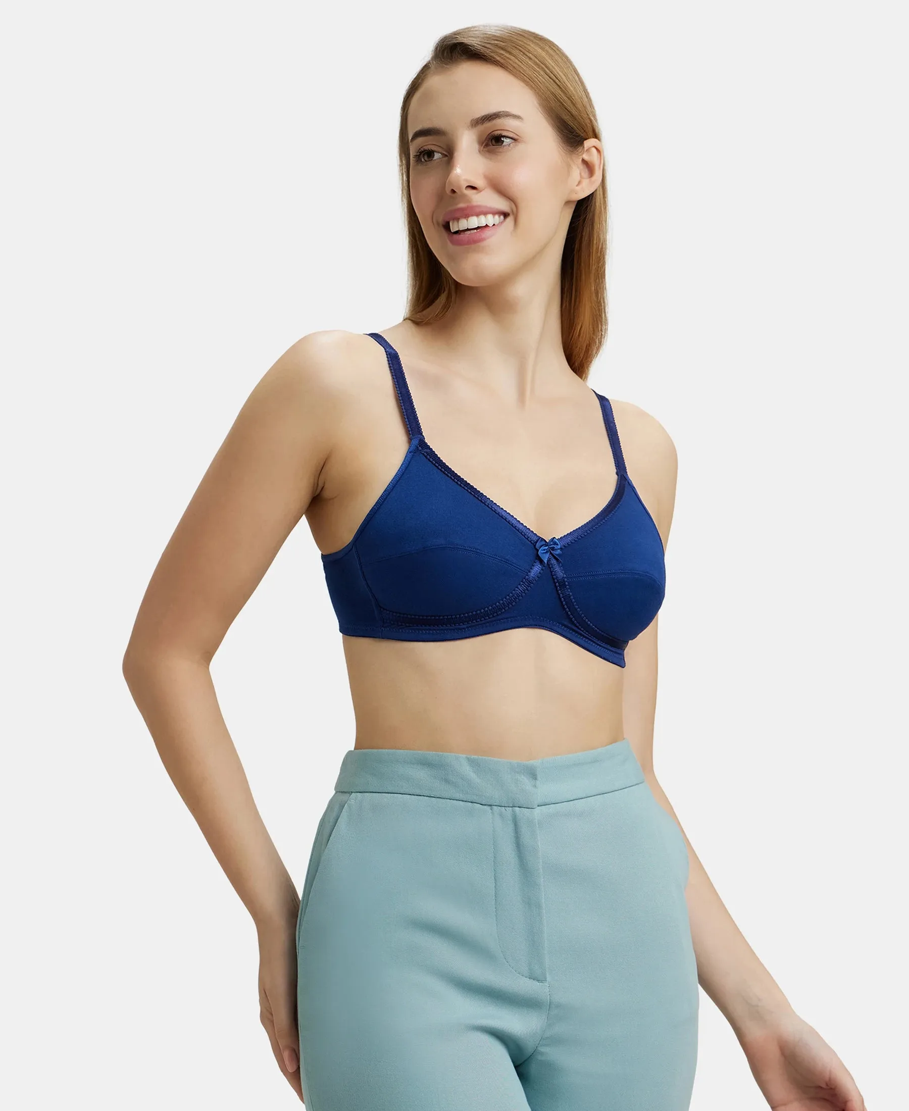 Wirefree Non Padded Super Combed Cotton Elastane Stretch Medium Coverage Cross Over Everyday Bra - Blue Depth