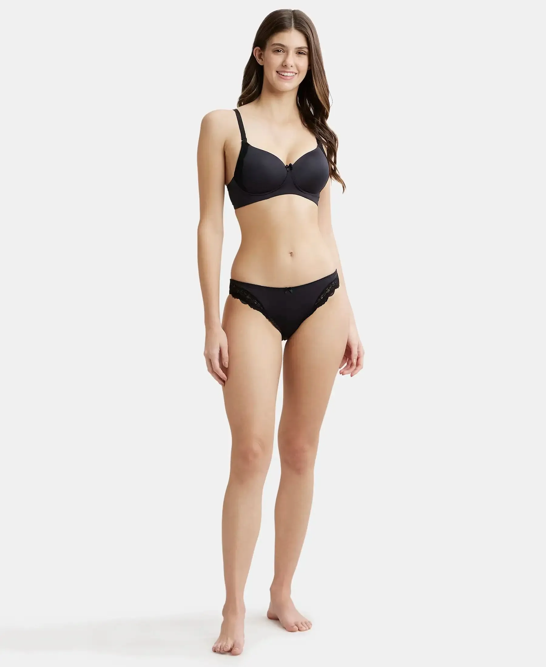 Wirefree Padded Soft Touch Microfiber Elastane Stretch Full Coverage T-Shirt Bra with Lace Styling - Black