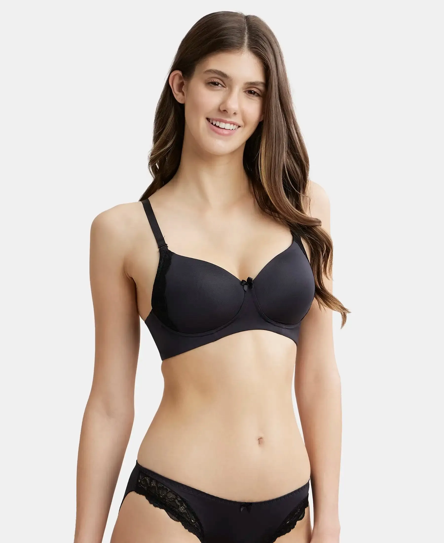 Wirefree Padded Soft Touch Microfiber Elastane Stretch Full Coverage T-Shirt Bra with Lace Styling - Black
