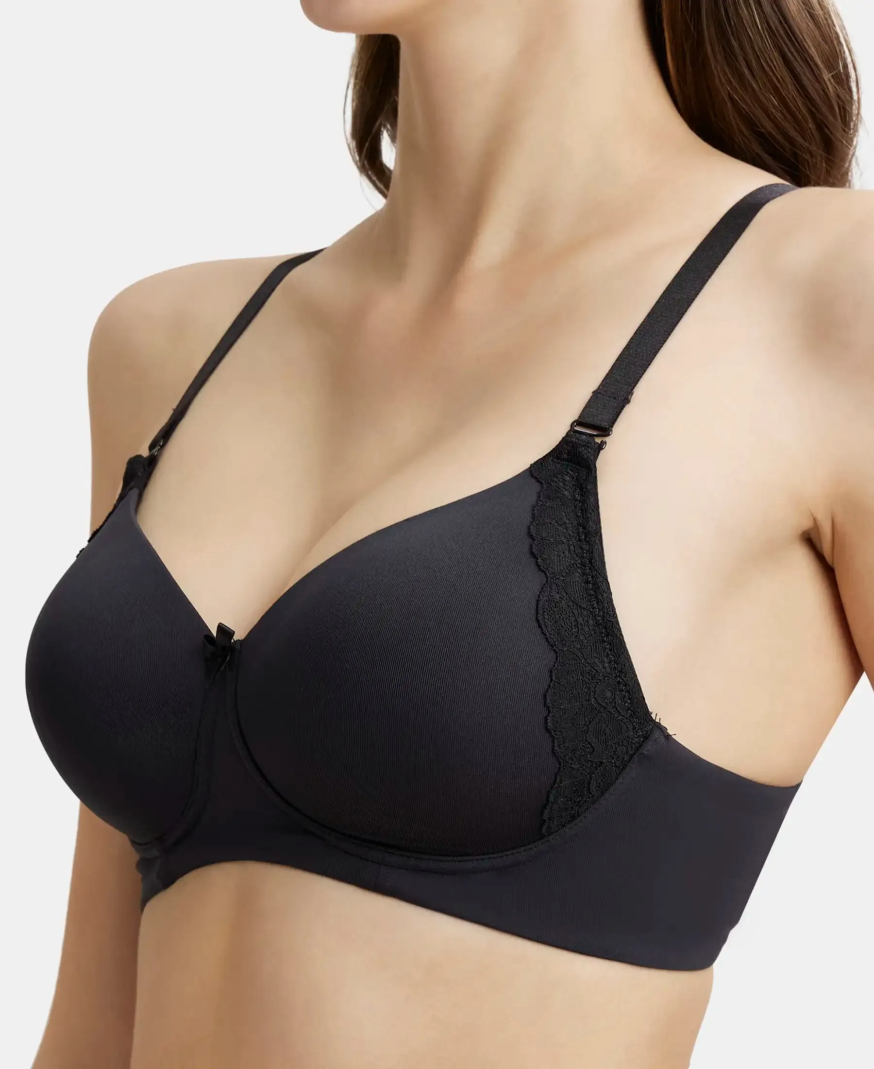 Wirefree Padded Soft Touch Microfiber Elastane Stretch Full Coverage T-Shirt Bra with Lace Styling - Black