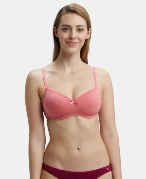 Wirefree Padded Super Combed Cotton Elastane Stretch Medium Coverage T-Shirt Bra with Lace Styling - Blush Pink
