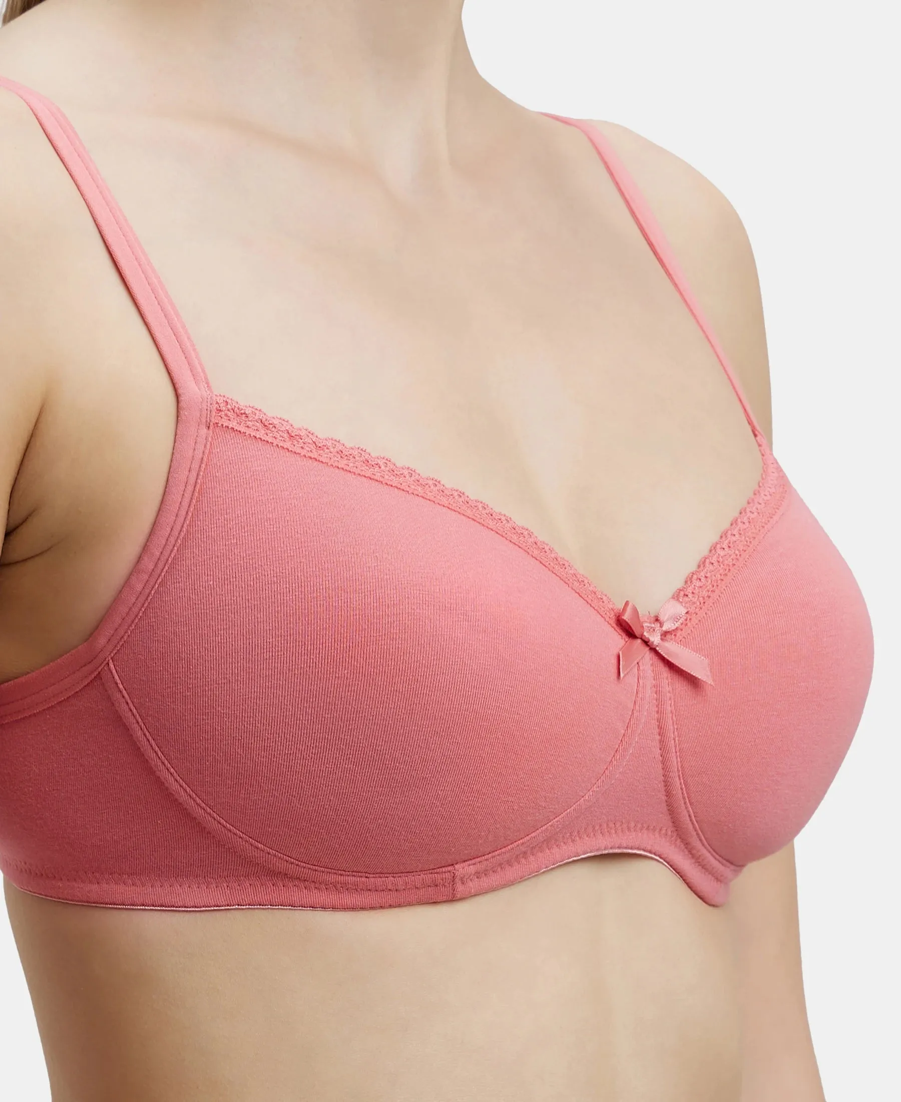 Wirefree Padded Super Combed Cotton Elastane Stretch Medium Coverage T-Shirt Bra with Lace Styling - Blush Pink