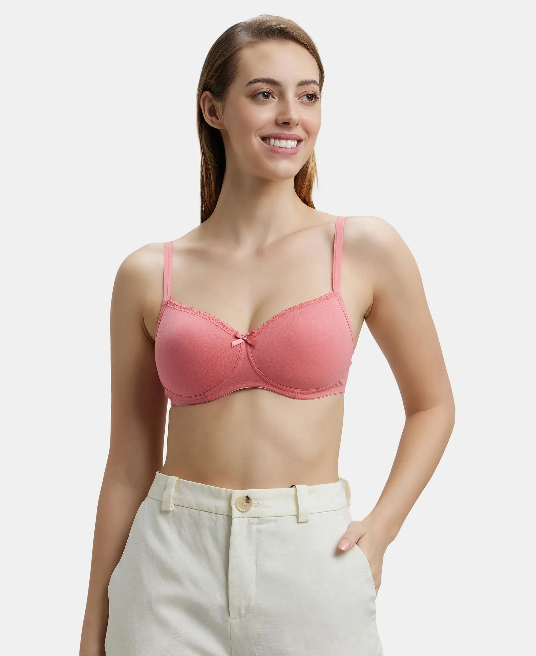 Wirefree Padded Super Combed Cotton Elastane Stretch Medium Coverage T-Shirt Bra with Lace Styling - Blush Pink