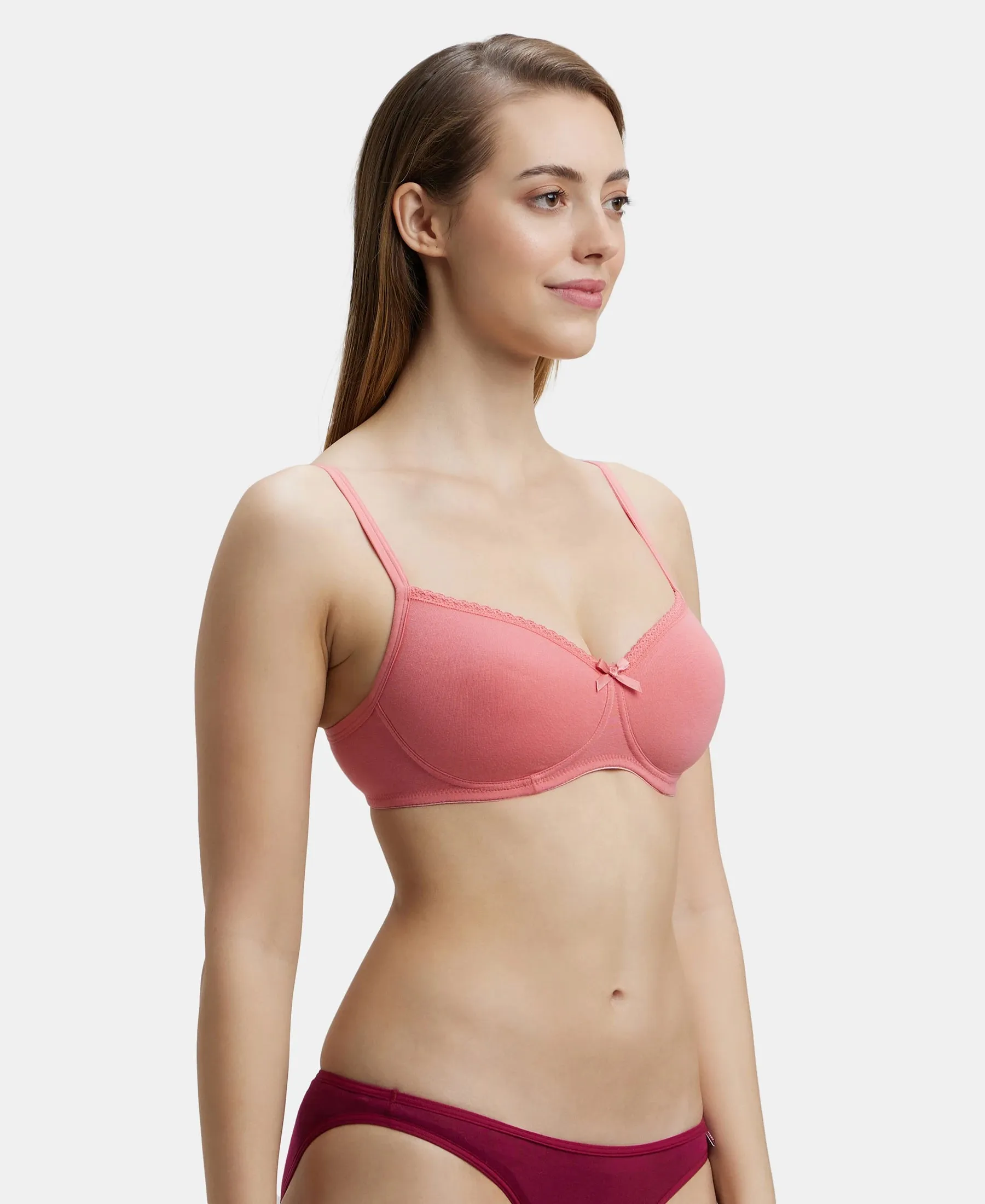 Wirefree Padded Super Combed Cotton Elastane Stretch Medium Coverage T-Shirt Bra with Lace Styling - Blush Pink