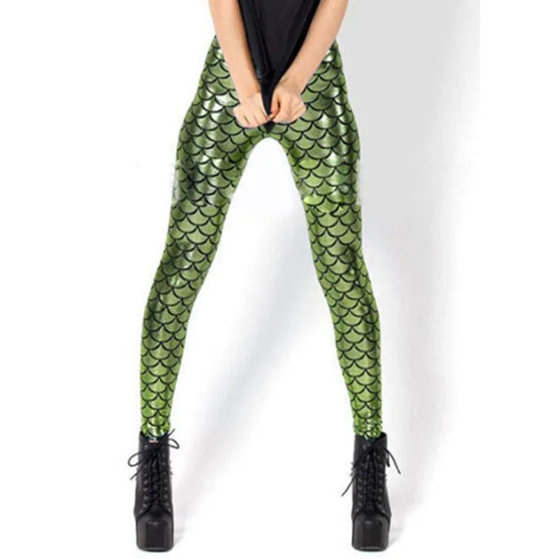 Women Shine Fish Scale Mermaid Printed Leggings Slim High Waist Pencil Pants Arrival