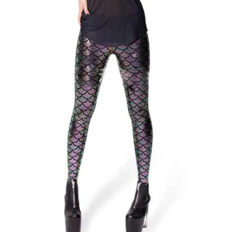 Women Shine Fish Scale Mermaid Printed Leggings Slim High Waist Pencil Pants Arrival