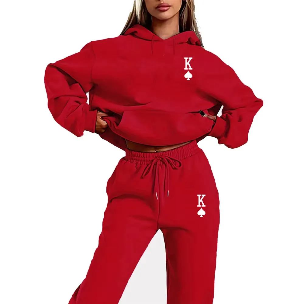 Women's 2-Piece K-Print Sports Suit - Hoodie & Sweatpants Jogging Set for Stylish Sportswear