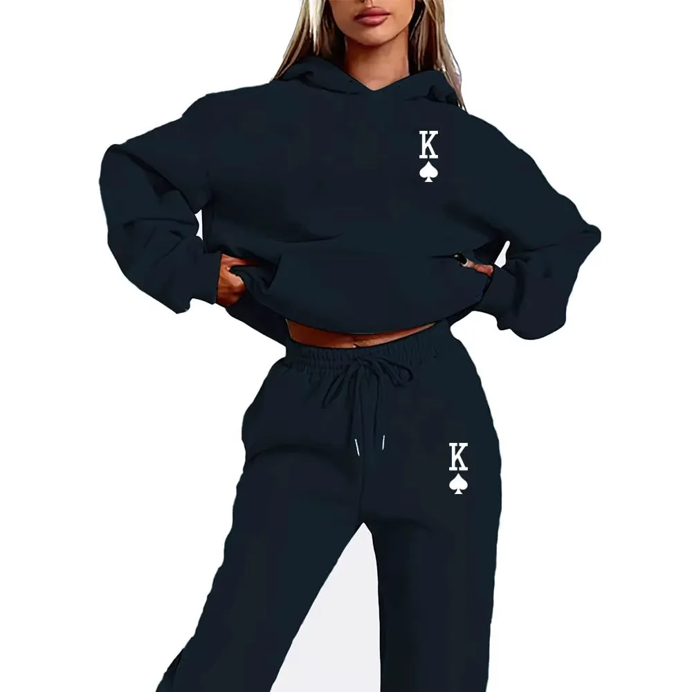 Women's 2-Piece K-Print Sports Suit - Hoodie & Sweatpants Jogging Set for Stylish Sportswear