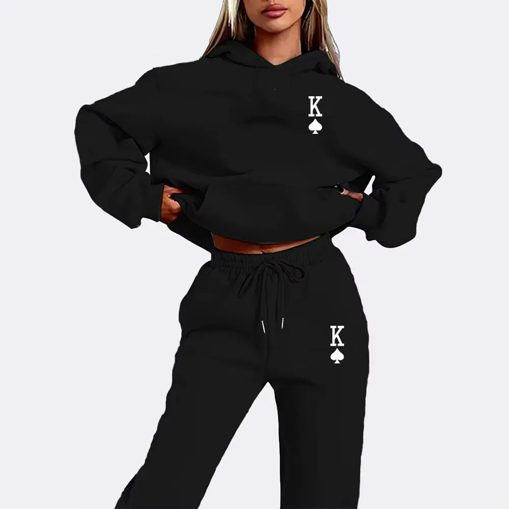 Women's 2-Piece K-Print Sports Suit - Hoodie & Sweatpants Jogging Set for Stylish Sportswear