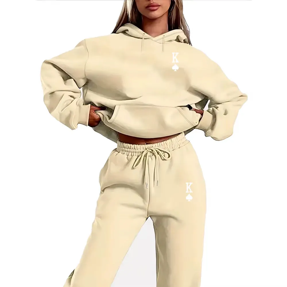 Women's 2-Piece K-Print Sports Suit - Hoodie & Sweatpants Jogging Set for Stylish Sportswear