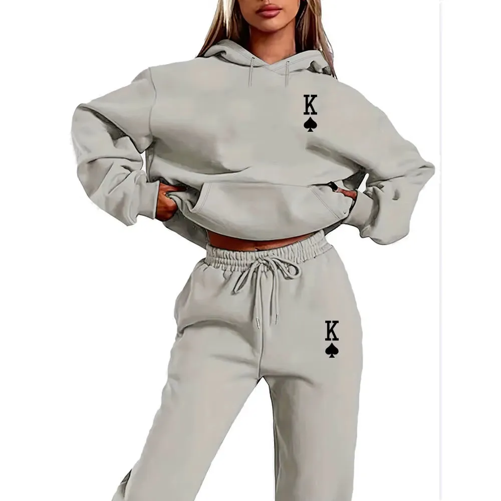 Women's 2-Piece K-Print Sports Suit - Hoodie & Sweatpants Jogging Set for Stylish Sportswear