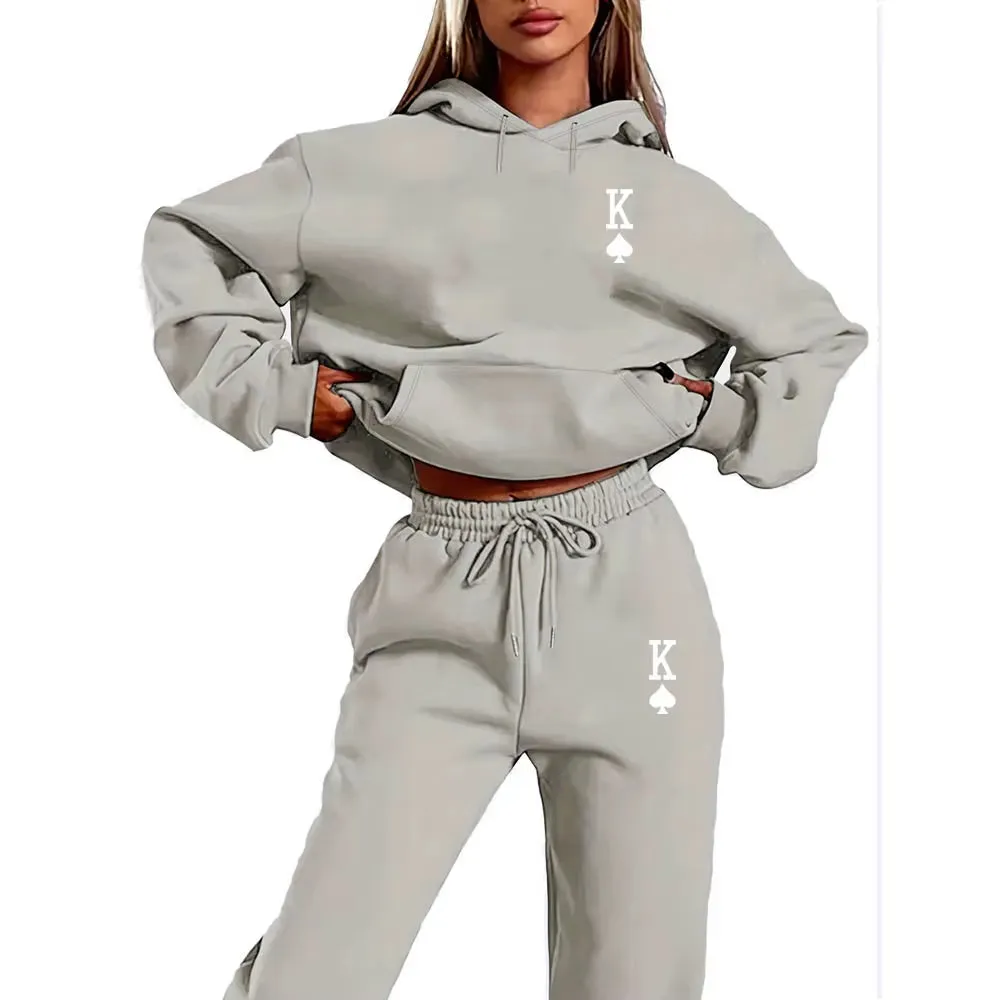 Women's 2-Piece K-Print Sports Suit - Hoodie & Sweatpants Jogging Set for Stylish Sportswear