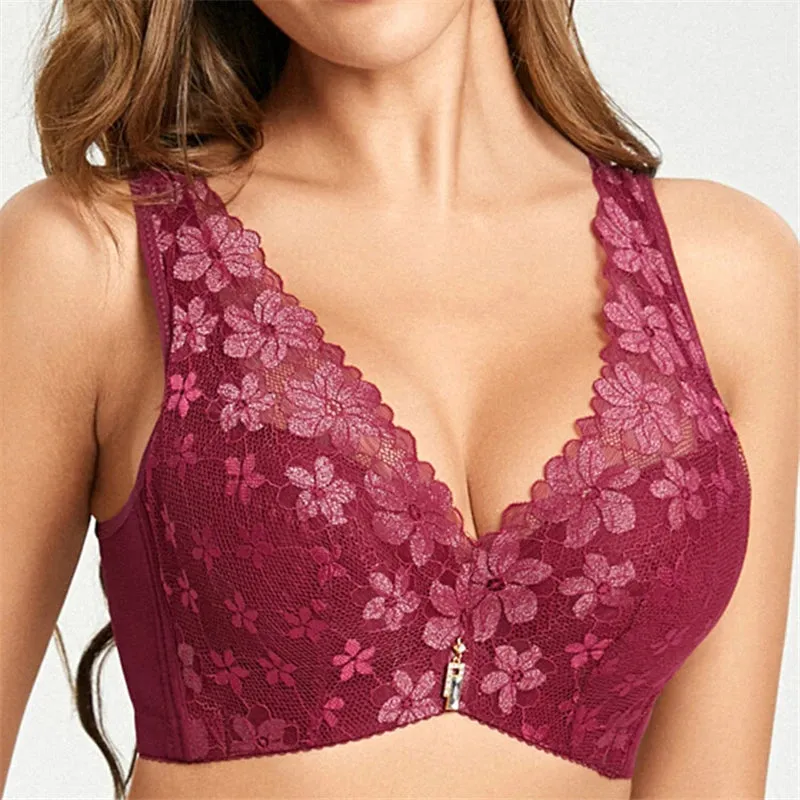 Women's Floral Lace Push Up Gather Bras - Blue
