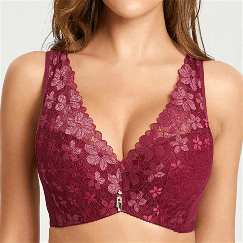 Women's Floral Lace Push Up Gather Bras - Blue