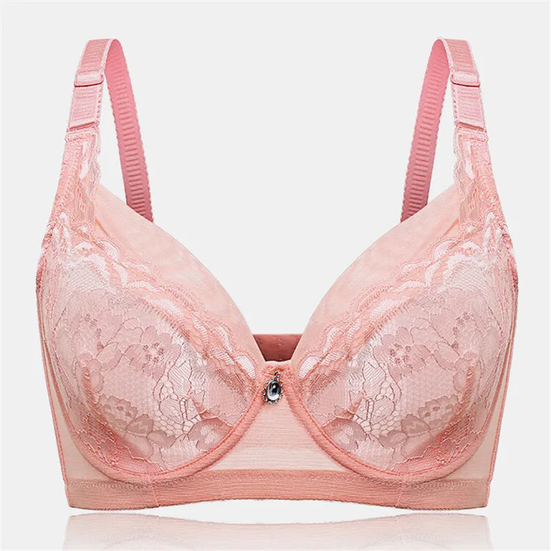 Women's Floral Mesh Jacquard Minimized Thin Bras - Pink