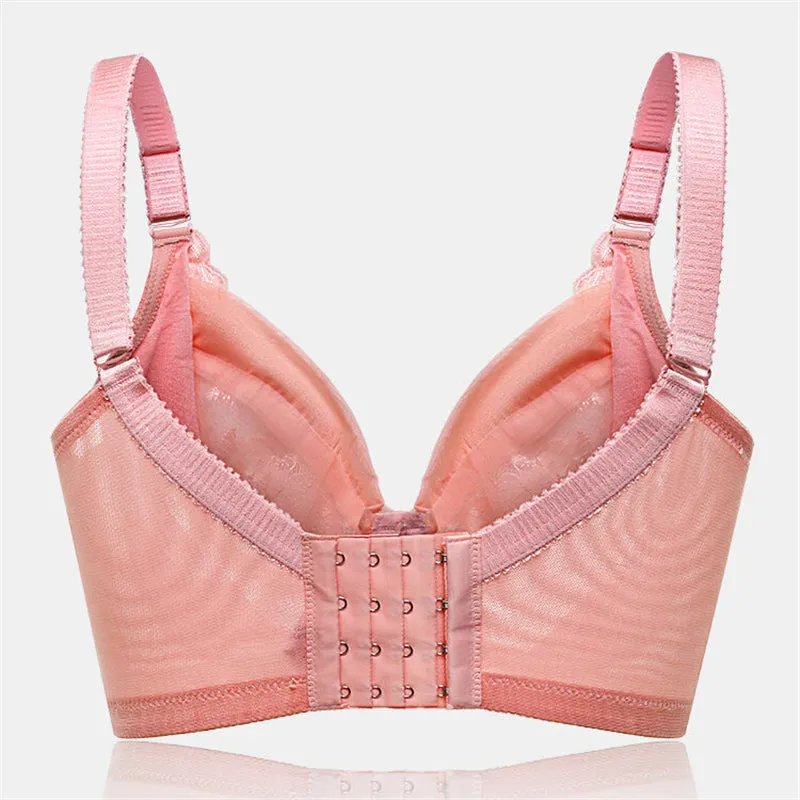 Women's Floral Mesh Jacquard Minimized Thin Bras - Pink