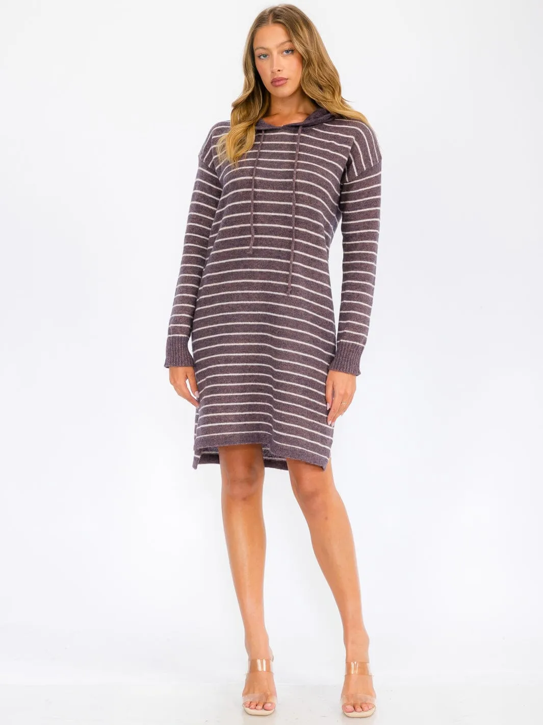 WOMEN'S LONG SLEEVE HOODIE STRIPES SWEATER MIDI DRESS