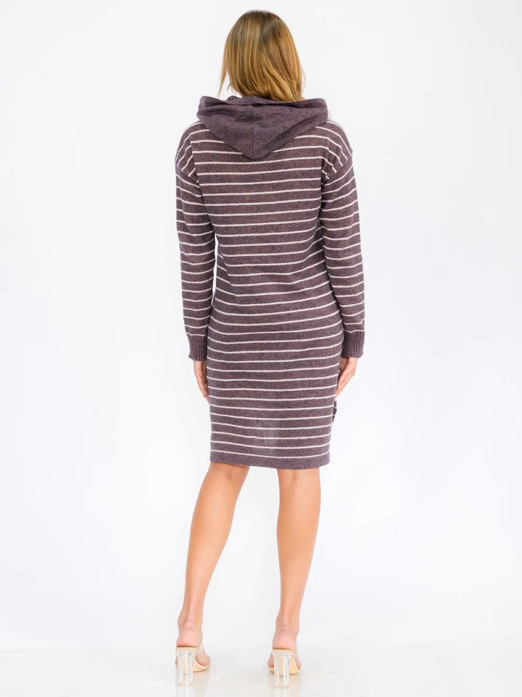 WOMEN'S LONG SLEEVE HOODIE STRIPES SWEATER MIDI DRESS