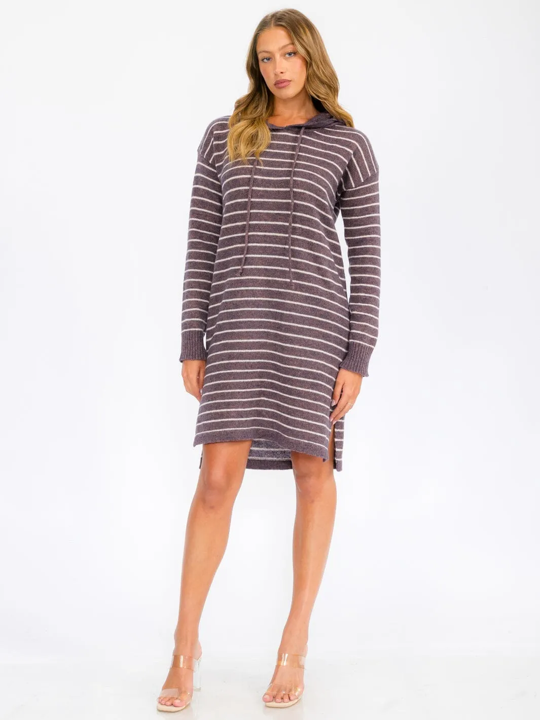 WOMEN'S LONG SLEEVE HOODIE STRIPES SWEATER MIDI DRESS