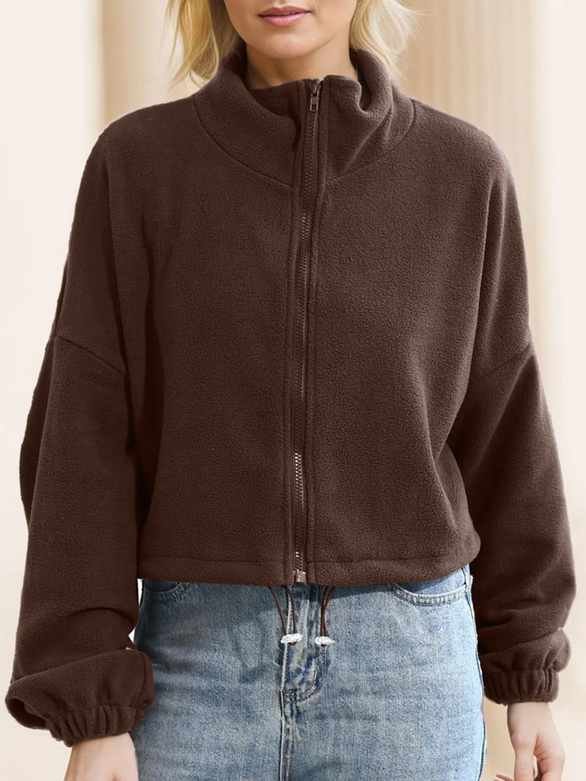 Women's Sports Style Stand Collar Zipper Short Sweatshirt