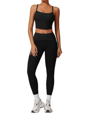 Womens Workout Sets Two Piece Seamless Stretch Cross Back Tank Top Matching Tummy Control High Waist Leggings Set 2 Piece For Women Gym Yoga Active Wear Outfits Athletic Work Out Clothes Black 2