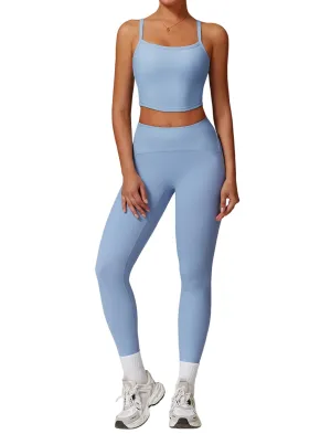 Womens Workout Sets Two Piece Seamless Stretch Cross Back Tank Top Matching Tummy Control High Waist Leggings Set 2 Piece For Women Gym Yoga Active Wear Outfits Athletic Work Out Clothes Blue 2