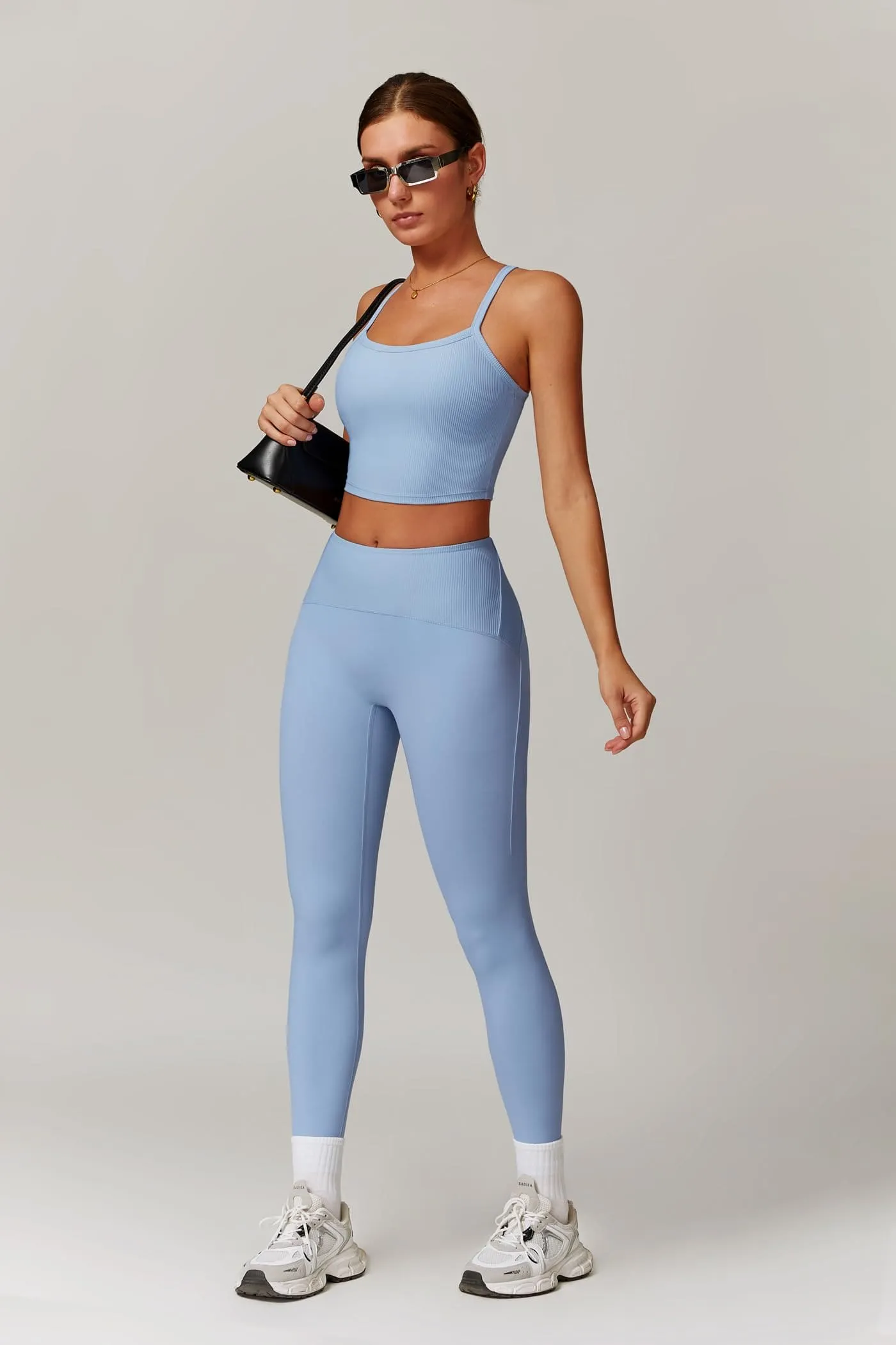 Womens Workout Sets Two Piece Seamless Stretch Cross Back Tank Top Matching Tummy Control High Waist Leggings Set 2 Piece For Women Gym Yoga Active Wear Outfits Athletic Work Out Clothes Blue 2
