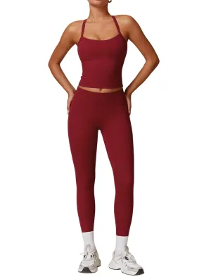 Womens Workout Sets Two Piece Seamless Stretch Cross Back Tank Top Matching Tummy Control High Waist Leggings Set 2 Piece For Women Gym Yoga Active Wear Outfits Athletic Work Out Clothes Burgundy