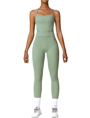 Womens Workout Sets Two Piece Seamless Stretch Cross Back Tank Top Matching Tummy Control High Waist Leggings Set 2 Piece For Women Gym Yoga Active Wear Outfits Athletic Work Out Clothes Green