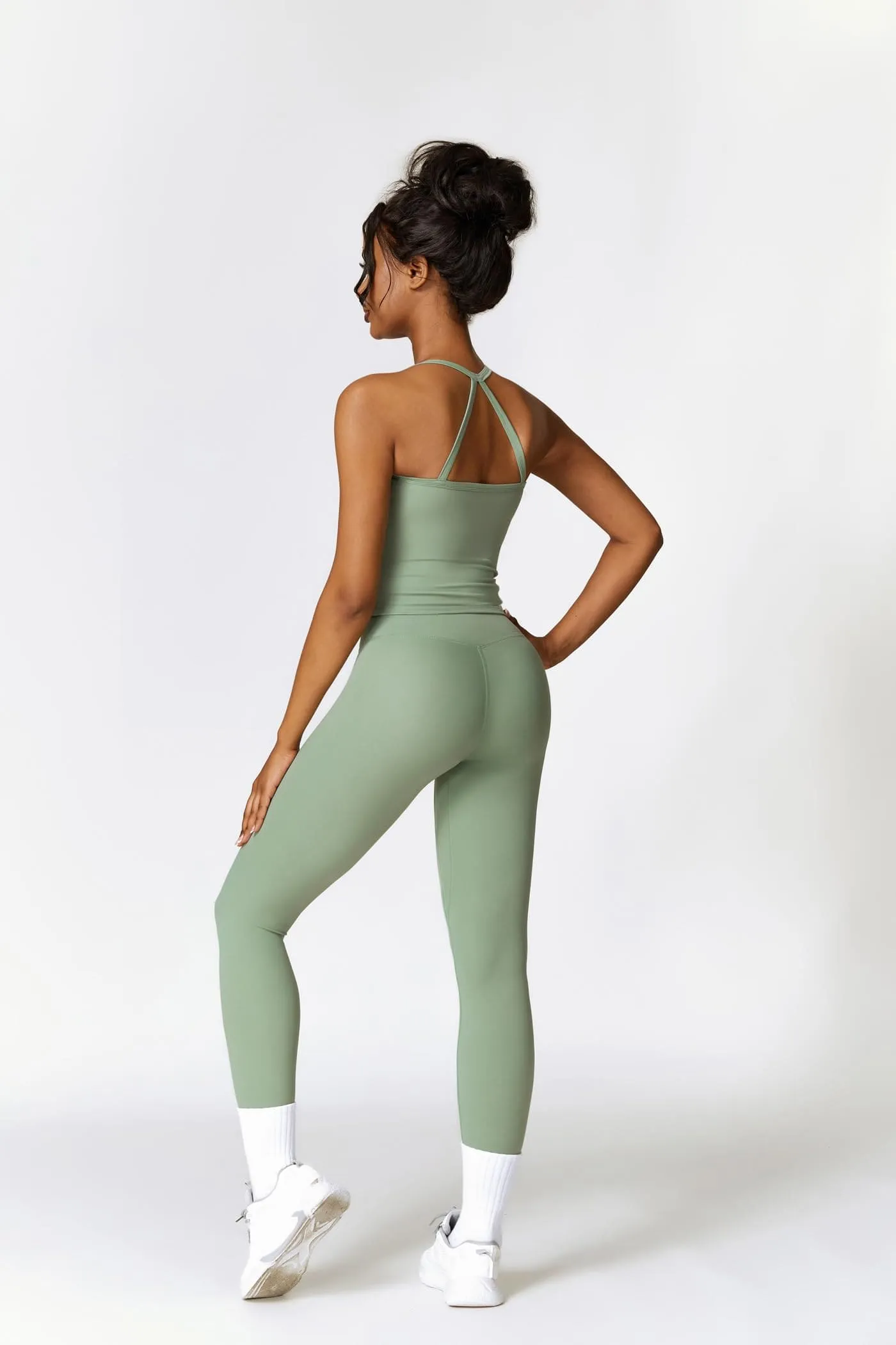 Womens Workout Sets Two Piece Seamless Stretch Cross Back Tank Top Matching Tummy Control High Waist Leggings Set 2 Piece For Women Gym Yoga Active Wear Outfits Athletic Work Out Clothes Green