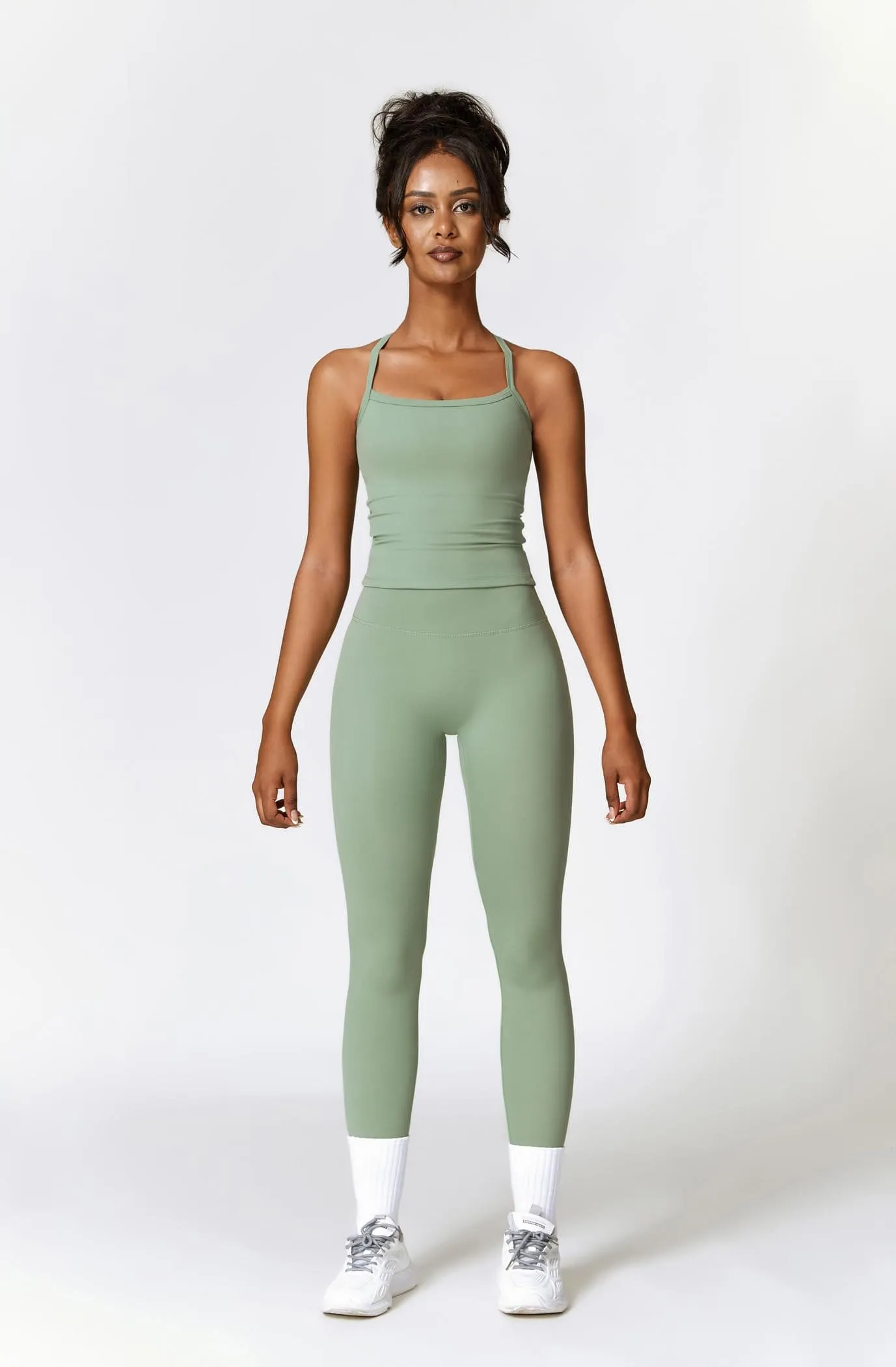 Womens Workout Sets Two Piece Seamless Stretch Cross Back Tank Top Matching Tummy Control High Waist Leggings Set 2 Piece For Women Gym Yoga Active Wear Outfits Athletic Work Out Clothes Green