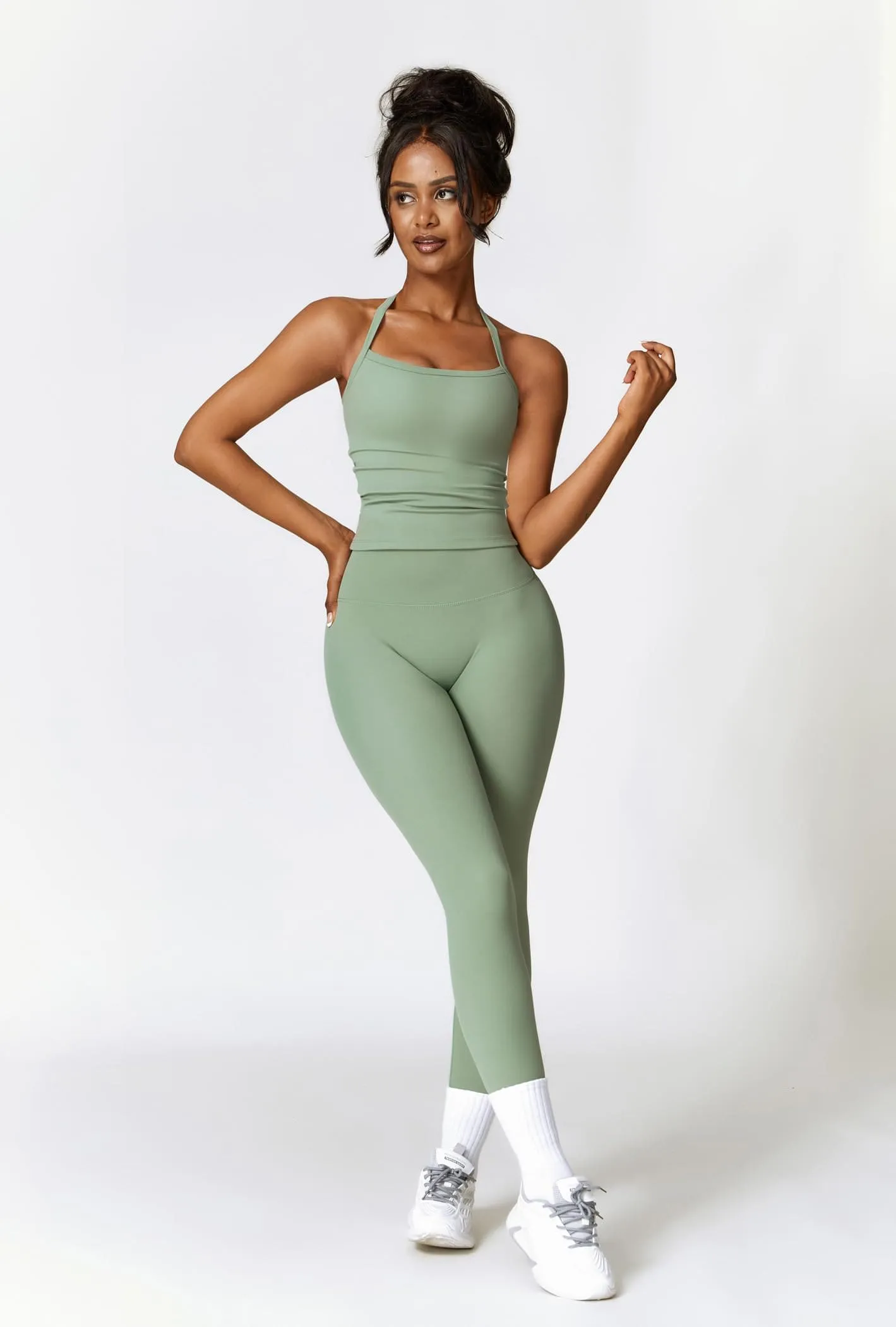 Womens Workout Sets Two Piece Seamless Stretch Cross Back Tank Top Matching Tummy Control High Waist Leggings Set 2 Piece For Women Gym Yoga Active Wear Outfits Athletic Work Out Clothes Green